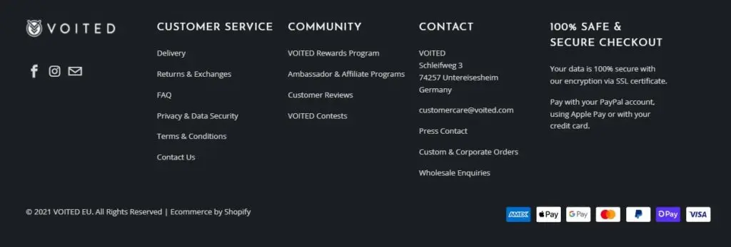 Voited's footer contains all the essential elements to effectively build trust and boost conversion rate